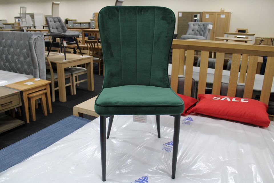 New 4 x Industrial Metal & Plush Green Dining Chairs *Furniture Village