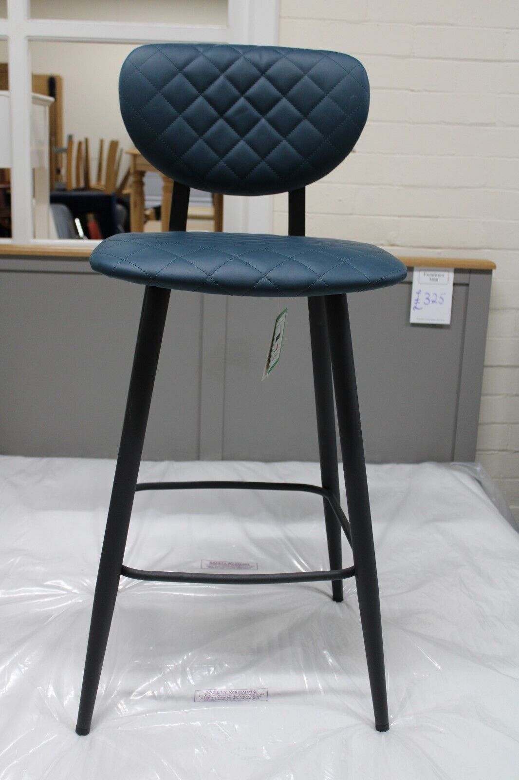 New 2 x Industrial Metal & Blue Leather Bar Stools Chairs *Furniture Store* SOLD Furniture Mill