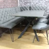 New Industrial Grey Leather Corner Bench Seating + Dining Table + Swivel Chairs
