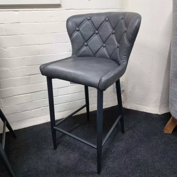 New 3 x Grey Faux Leather Buttoned Bar Stools Chairs *Furniture Village Donnie*