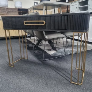 New Large Contemporary Curved Fluted Dark Wenge Wood & Gold Console Hall Table