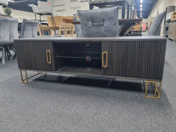 New Large Contemporary Curved Fluted Dark Wenge Wood & Gold TV Unit Cabinet - Image 2