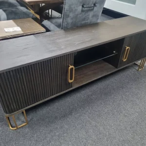 New Large Contemporary Curved Fluted Dark Wenge Wood & Gold TV Unit Cabinet