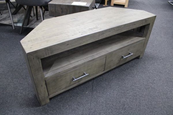 New Chunky Smoked Oak & Light Grey 3 Drawer TV Stand Cabinet *Furniture Village*