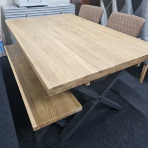 New 1.5M Solid Oak Dining Table Bench & 2 Tan Chairs *Furniture Village Earth*