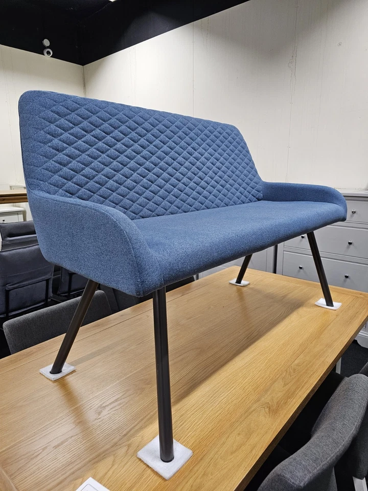 New Furniture Village Blue Fabric & Metal Dining Bench Seat Sofa - Image 2