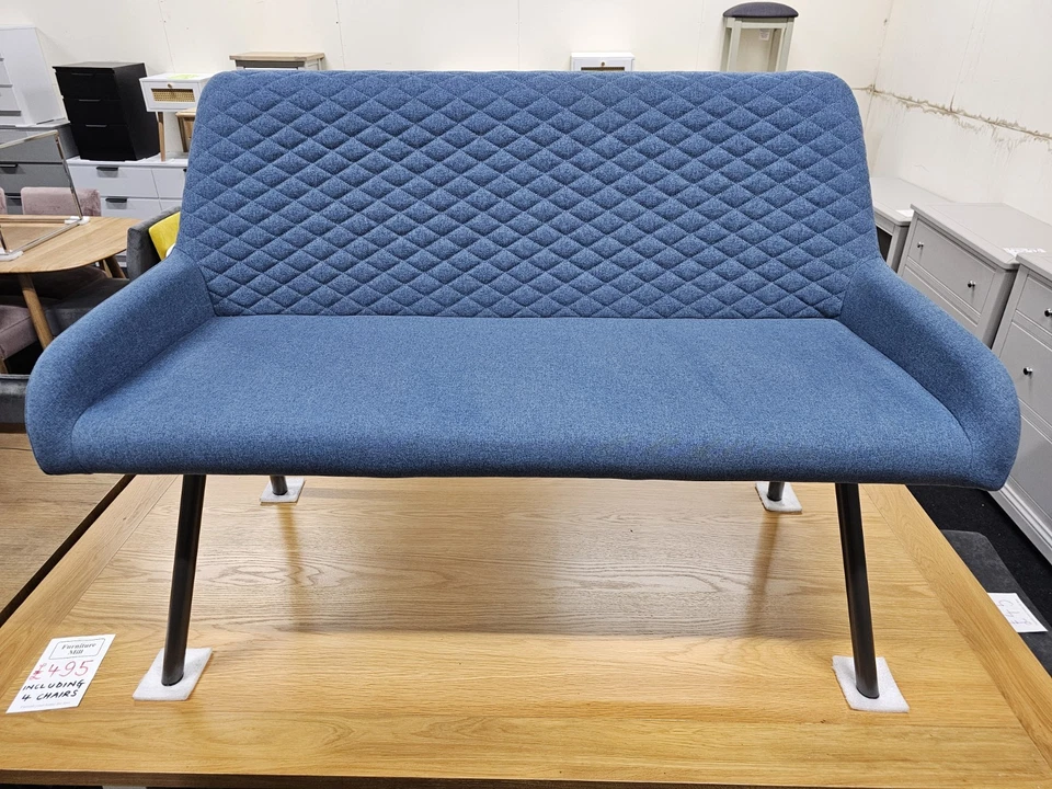 New Furniture Village Blue Fabric & Metal Dining Bench Seat Sofa - Image 3