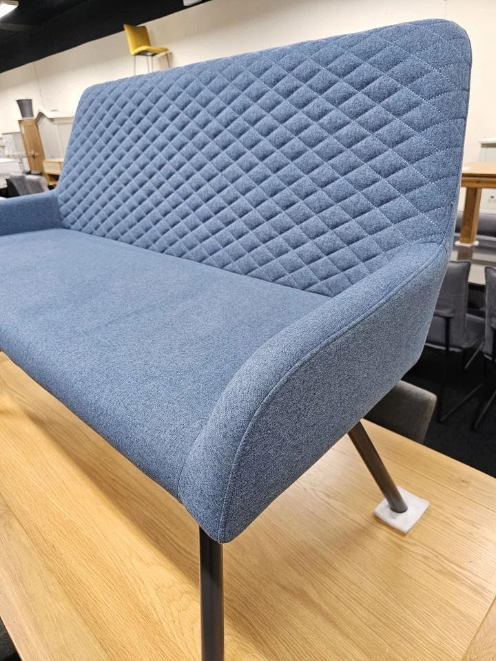 New Furniture Village Blue Fabric & Metal Dining Bench Seat Sofa - Image 4
