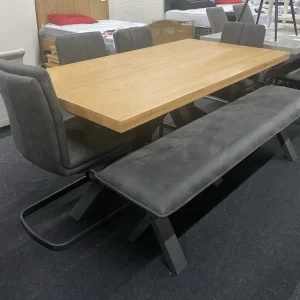 Solid Oak & Metal Dining Table & 4 Chairs + Bench *Furniture Village Earth*