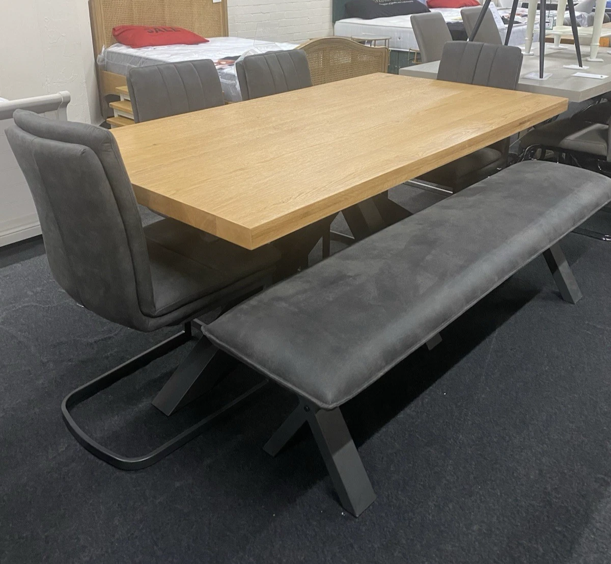Solid Oak & Metal Dining Table & 4 Chairs + Bench *Furniture Village Earth*