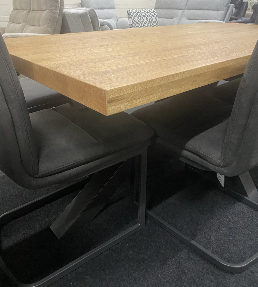 Solid Oak & Metal Dining Table & 4 Chairs + Bench *Furniture Village Earth* - Image 3