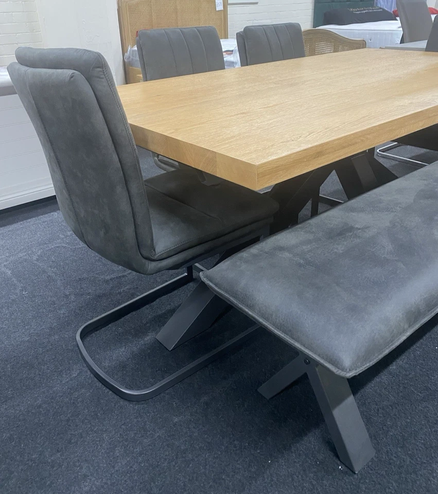 Solid Oak & Metal Dining Table & 4 Chairs + Bench *Furniture Village Earth* - Image 6