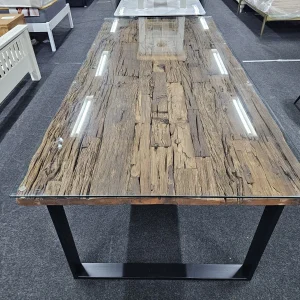 New Furniture Village Noir 2.2M Reclaimed Railway Sleeper Glass Top Dining Table