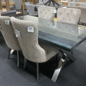 Reclaimed Dark Wood & Chrome 1.8M Dining Table + 4 Chairs *DFS Orissa*